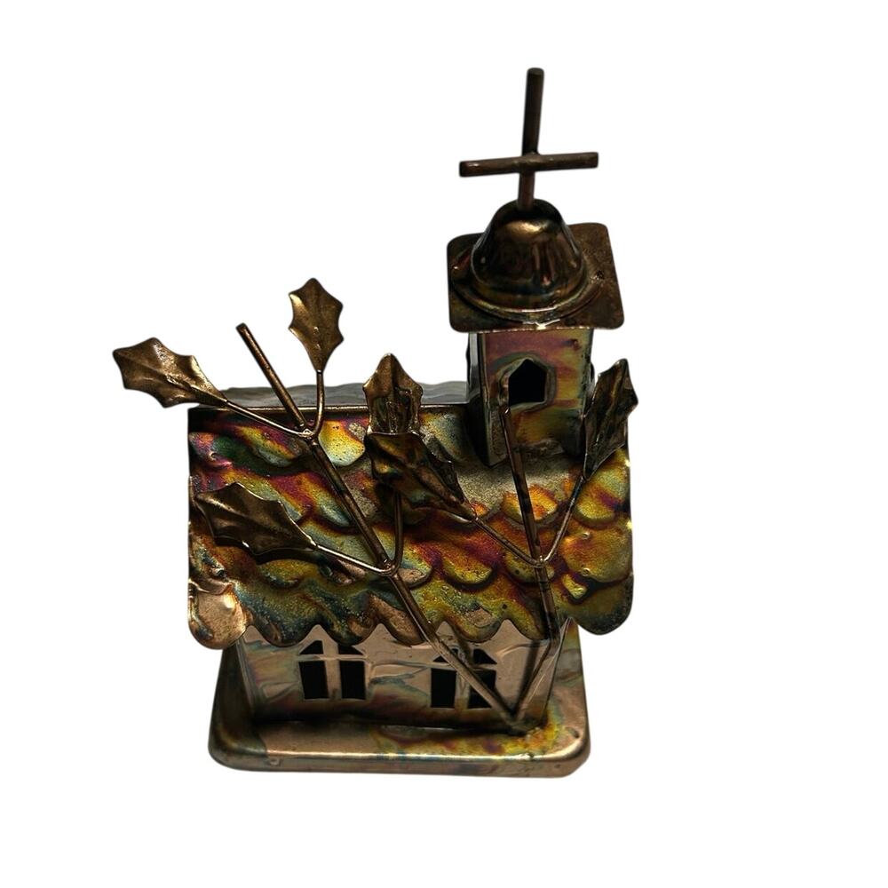 Vintage copper tin wind up musical church that plays Amazing Grace